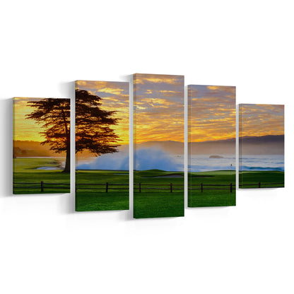 Pebble Beach Golf Links Hole 18, Awakening , Pebble Beach, California, 5 Pieces Mixed Canvas Print Wall Art