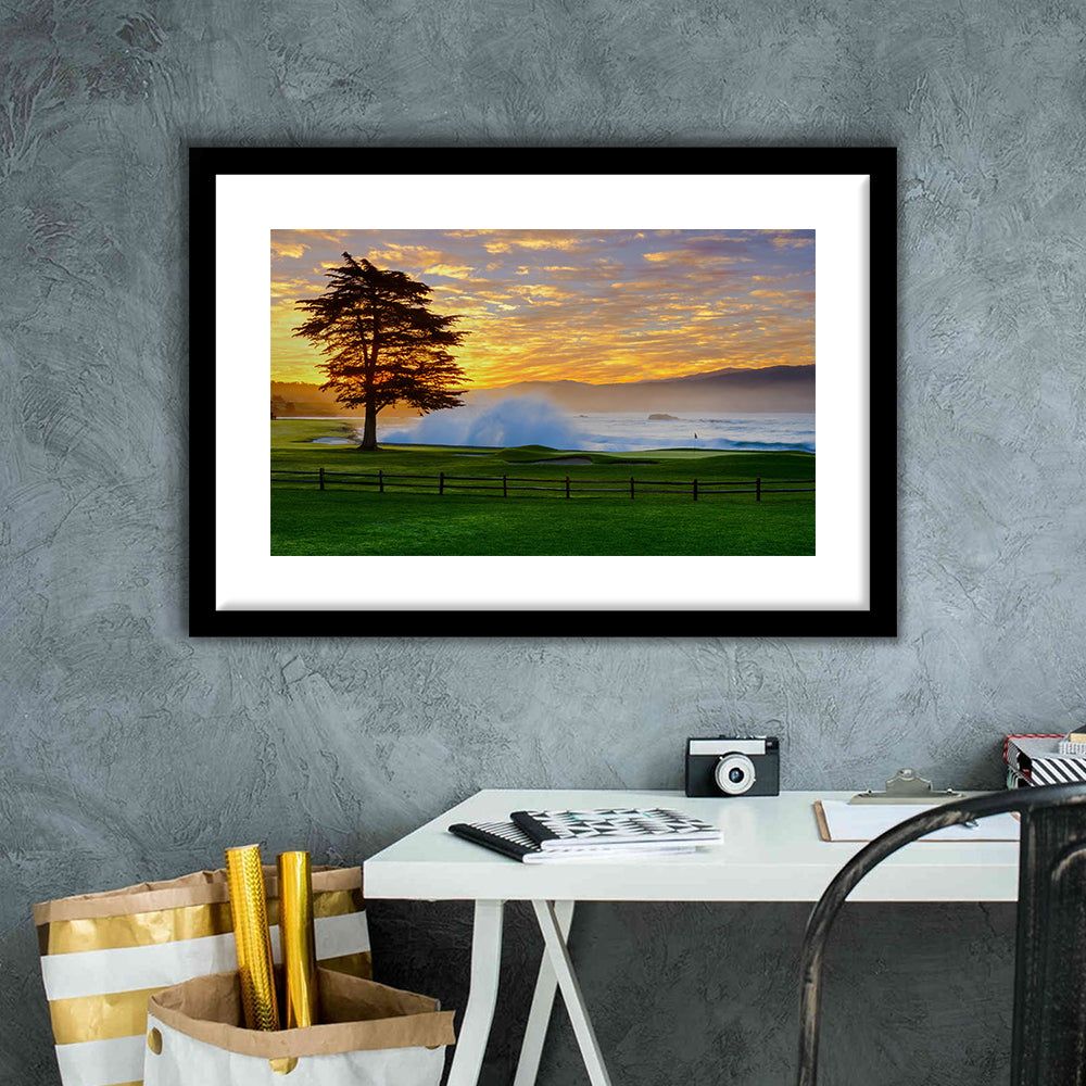 Pebble Beach Golf Links Hole 18, Awakening , Pebble Beach, California, Goft Art Print, Framed Art Print White Border
