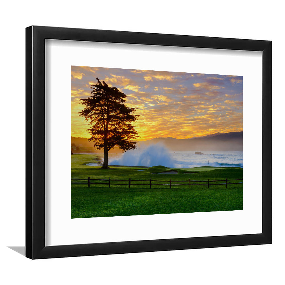 Pebble Beach Golf Links Hole 18, Awakening , Pebble Beach, California, Goft Art Print, Framed Art Print White Border
