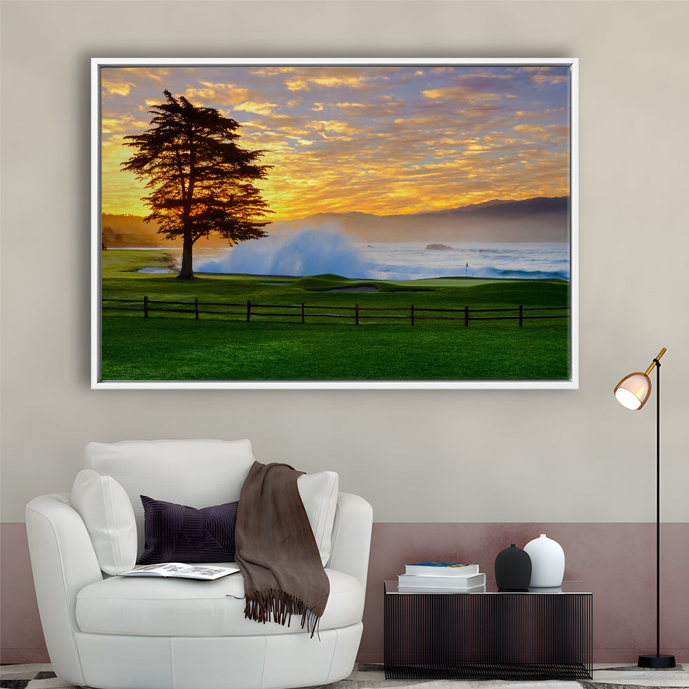 Pebble Beach Golf Links Hole 18, Awakening , Pebble Beach, California, Framed Canvas Print Wall Art