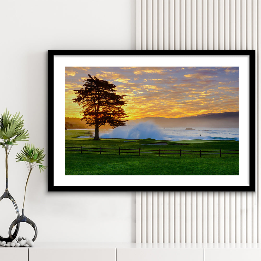 Pebble Beach Golf Links Hole 18, Awakening , Pebble Beach, California, Goft Art Print, Framed Art Print White Border