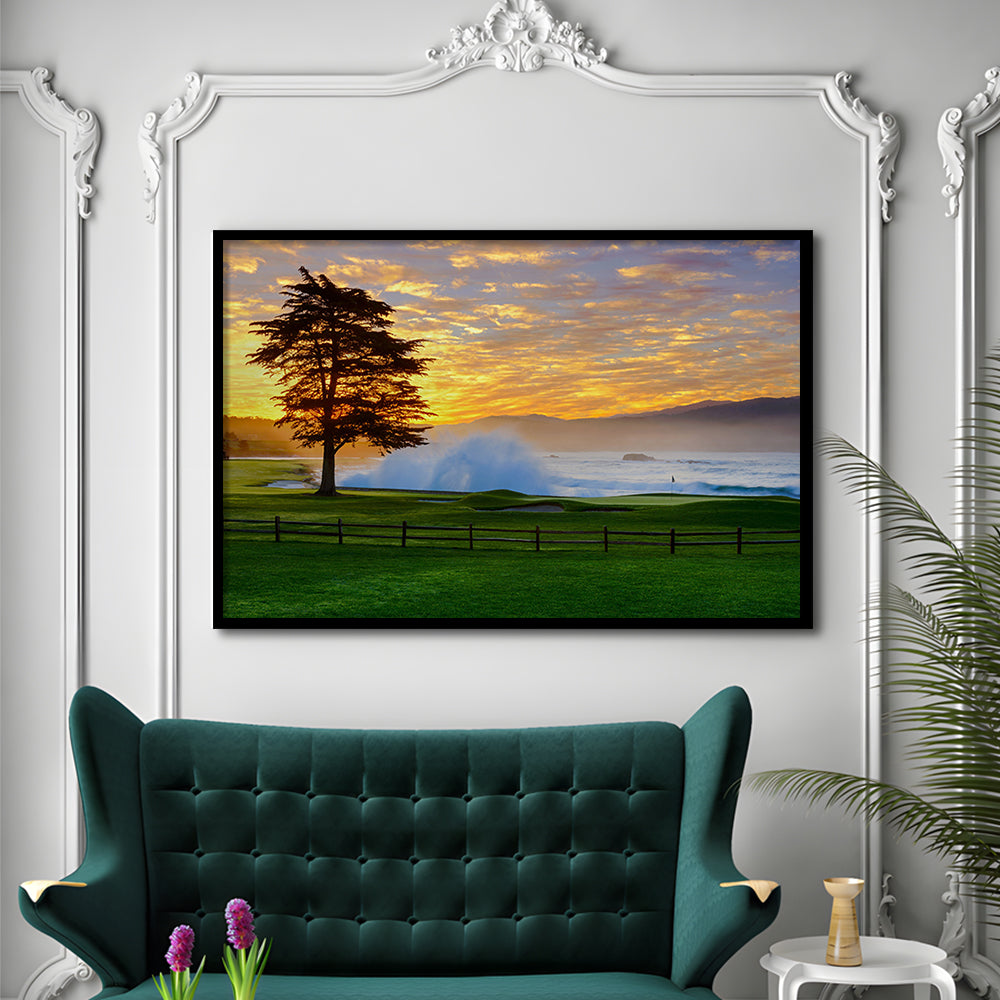 Pebble Beach Golf Links Hole 18, Awakening , Pebble Beach, California, Framed Art Print Wall Decor, Picture Framed