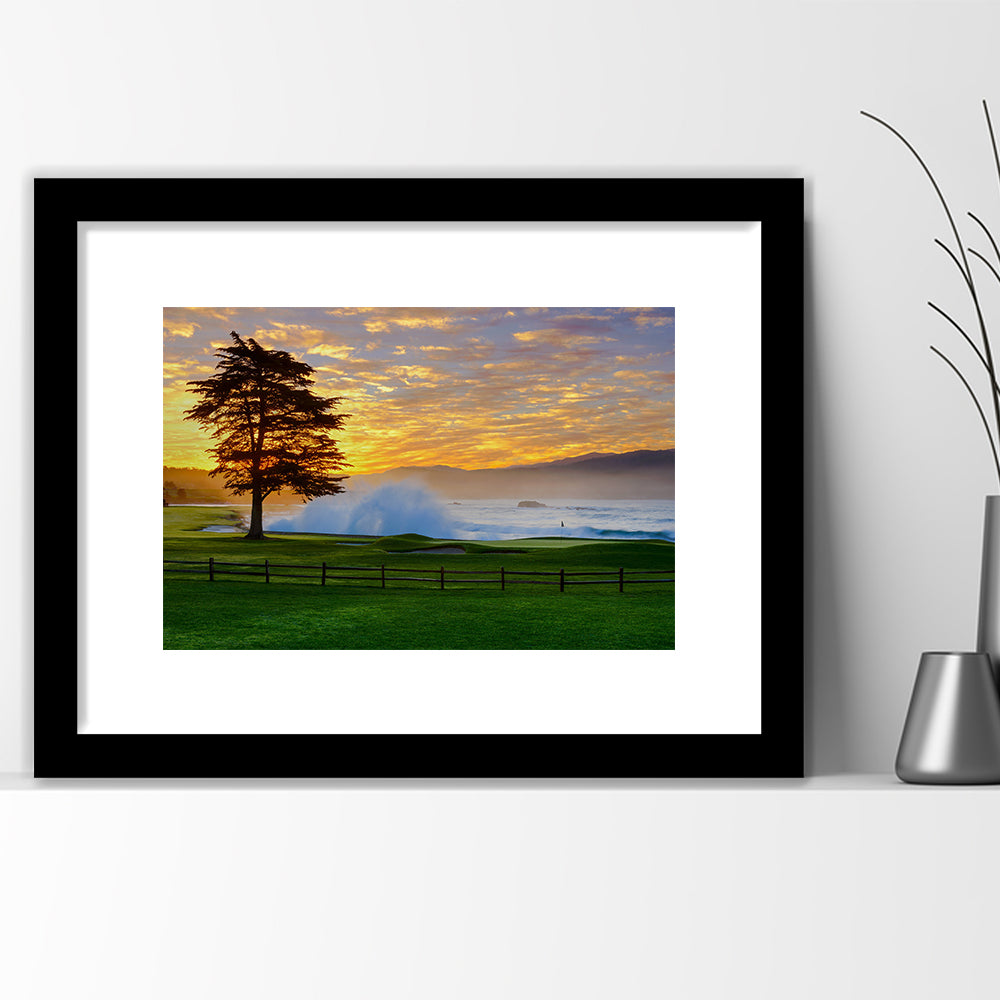 Pebble Beach Golf Links Hole 18, Awakening , Pebble Beach, California, Goft Art Print, Framed Art Print White Border