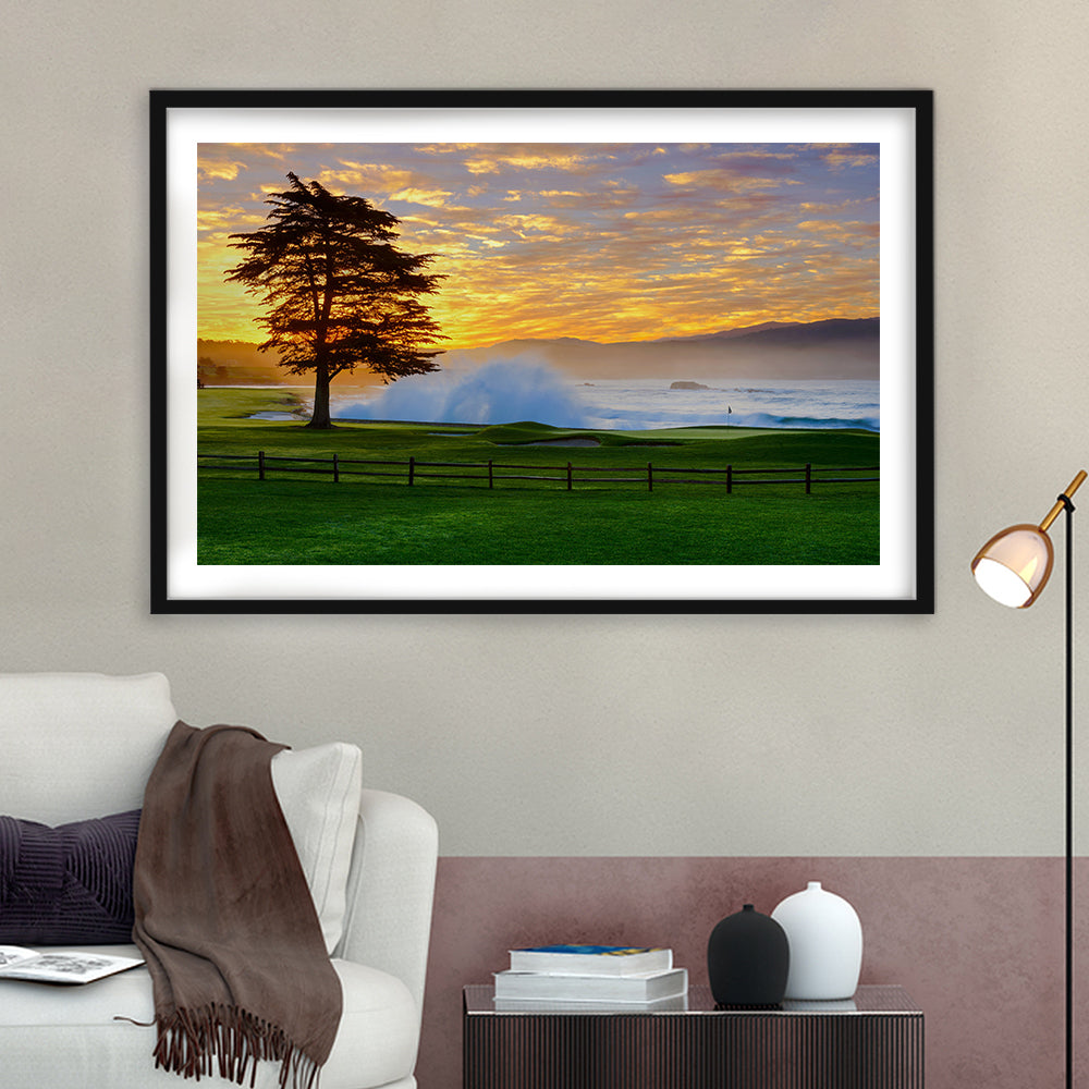 Pebble Beach Golf Links Hole 18, Awakening , Pebble Beach, California, Goft Art Print, Framed Art Print White Border