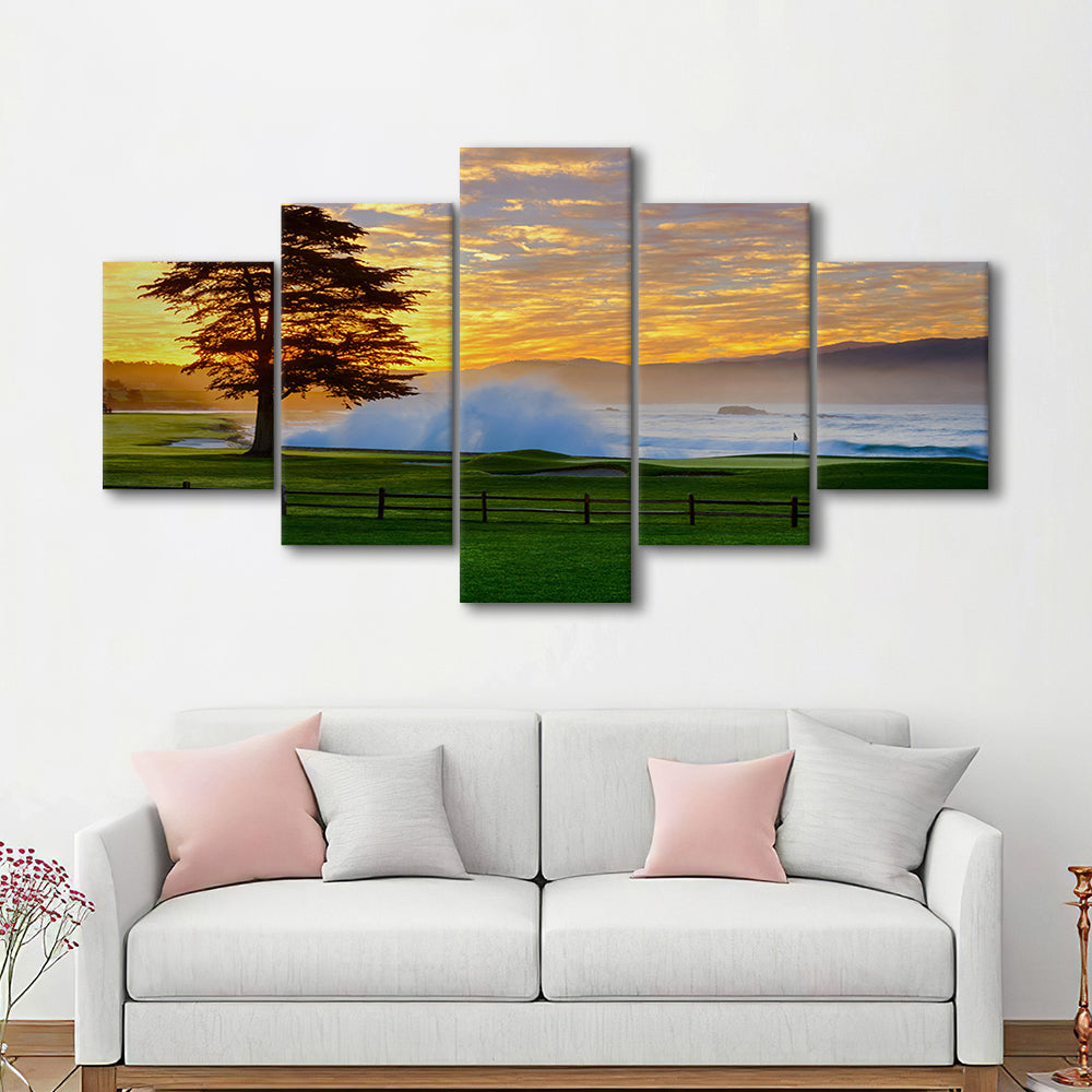 Pebble Beach Golf Links Hole 18, Awakening , Pebble Beach, California, 5 Pieces Mixed Canvas Print Wall Art