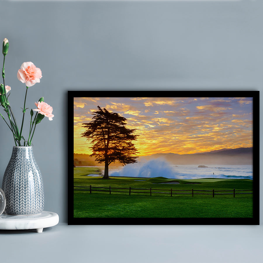 Pebble Beach Golf Links Hole 18, Awakening , Pebble Beach, California, Framed Art Print Wall Decor, Picture Framed