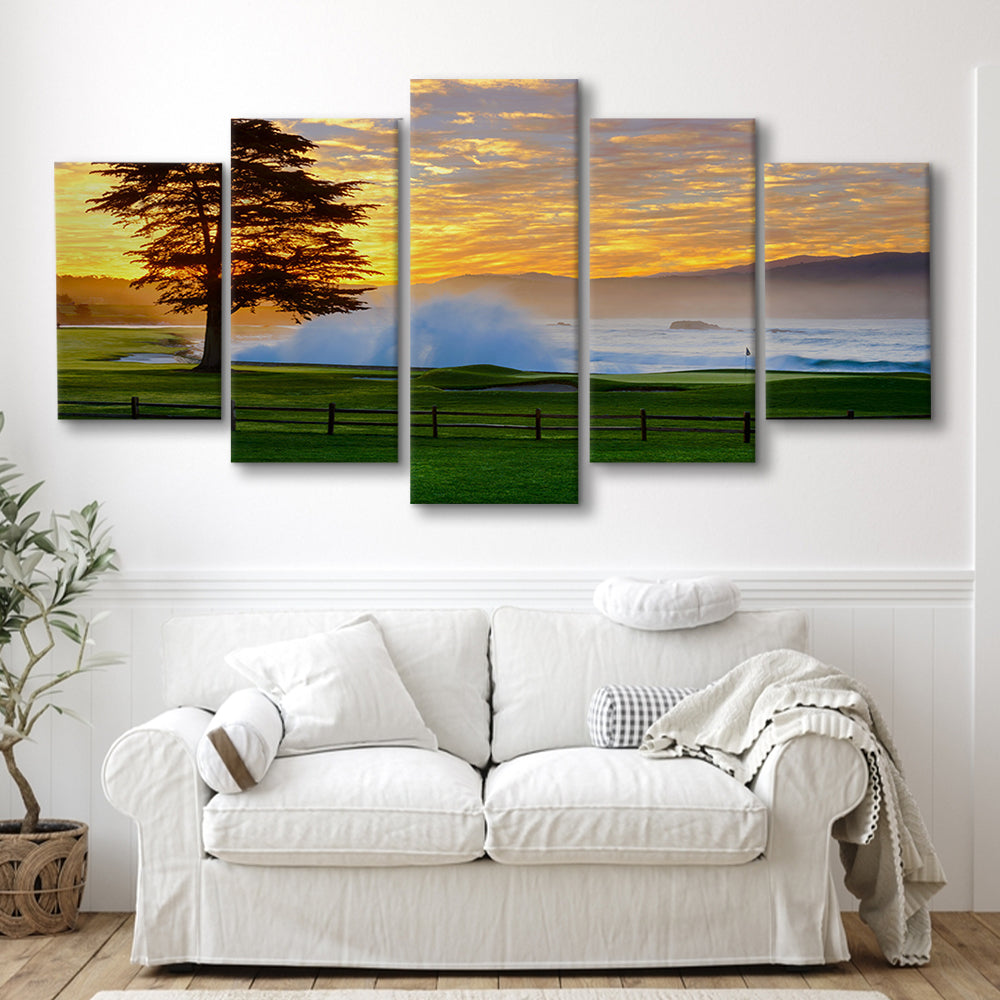 Pebble Beach Golf Links Hole 18, Awakening , Pebble Beach, California, 5 Pieces Mixed Canvas Print Wall Art