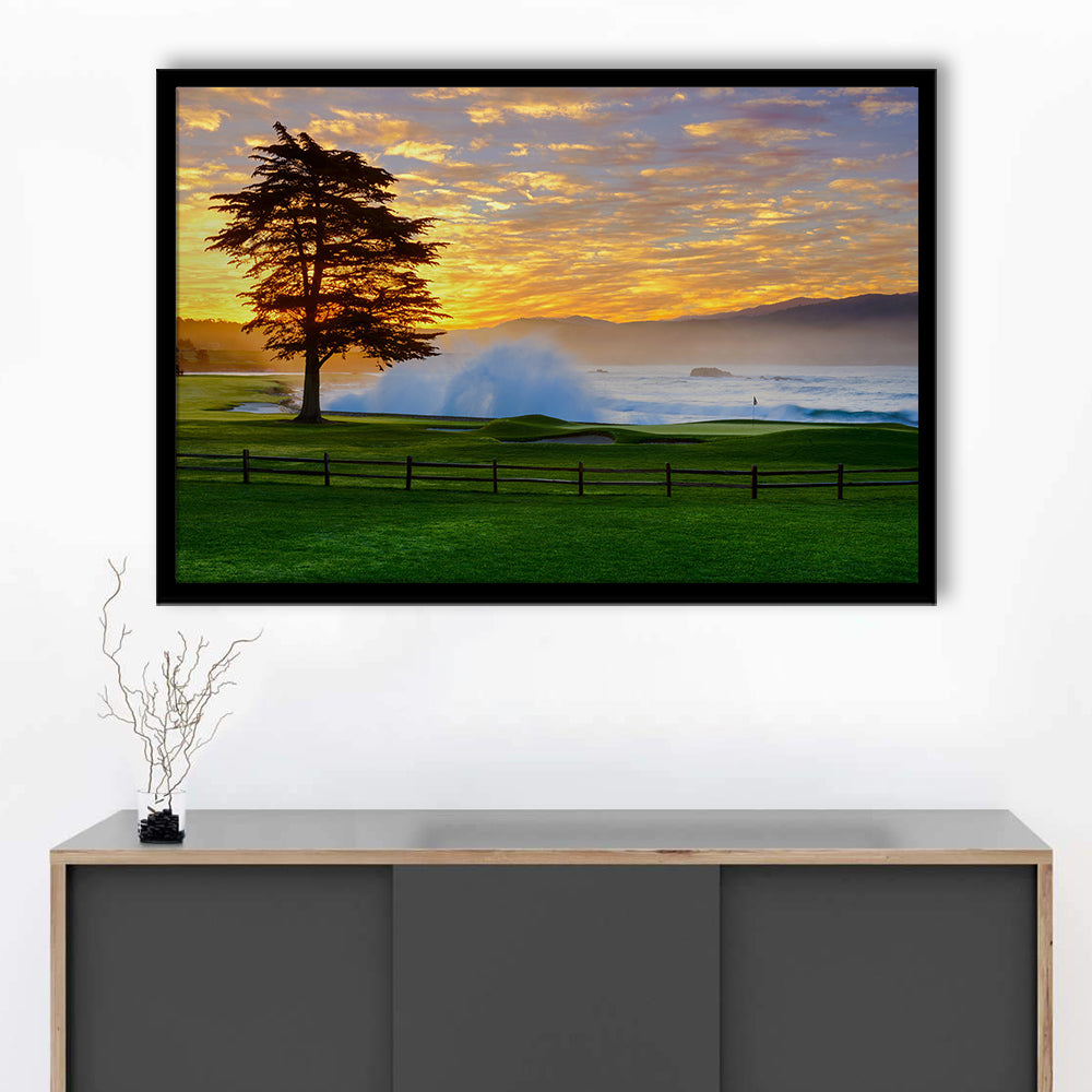 Pebble Beach Golf Links Hole 18, Awakening , Pebble Beach, California, Framed Art Print Wall Decor, Picture Framed
