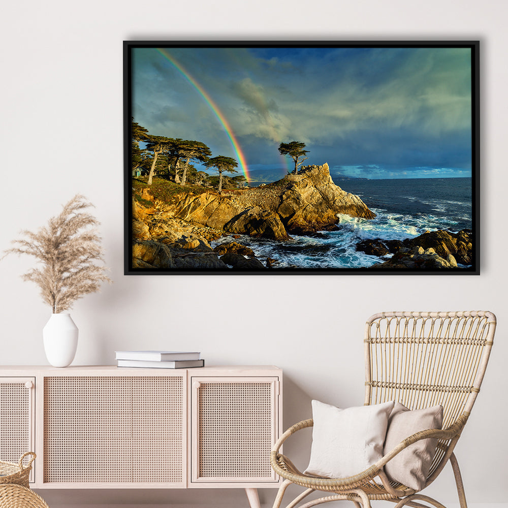 Pebble Beach Golf Links Lone Cypress Pot Of Gold, California, Floating Framed Canvas Print Wall Art