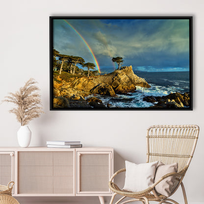 Pebble Beach Golf Links Lone Cypress Pot Of Gold, California, Floating Framed Canvas Print Wall Art