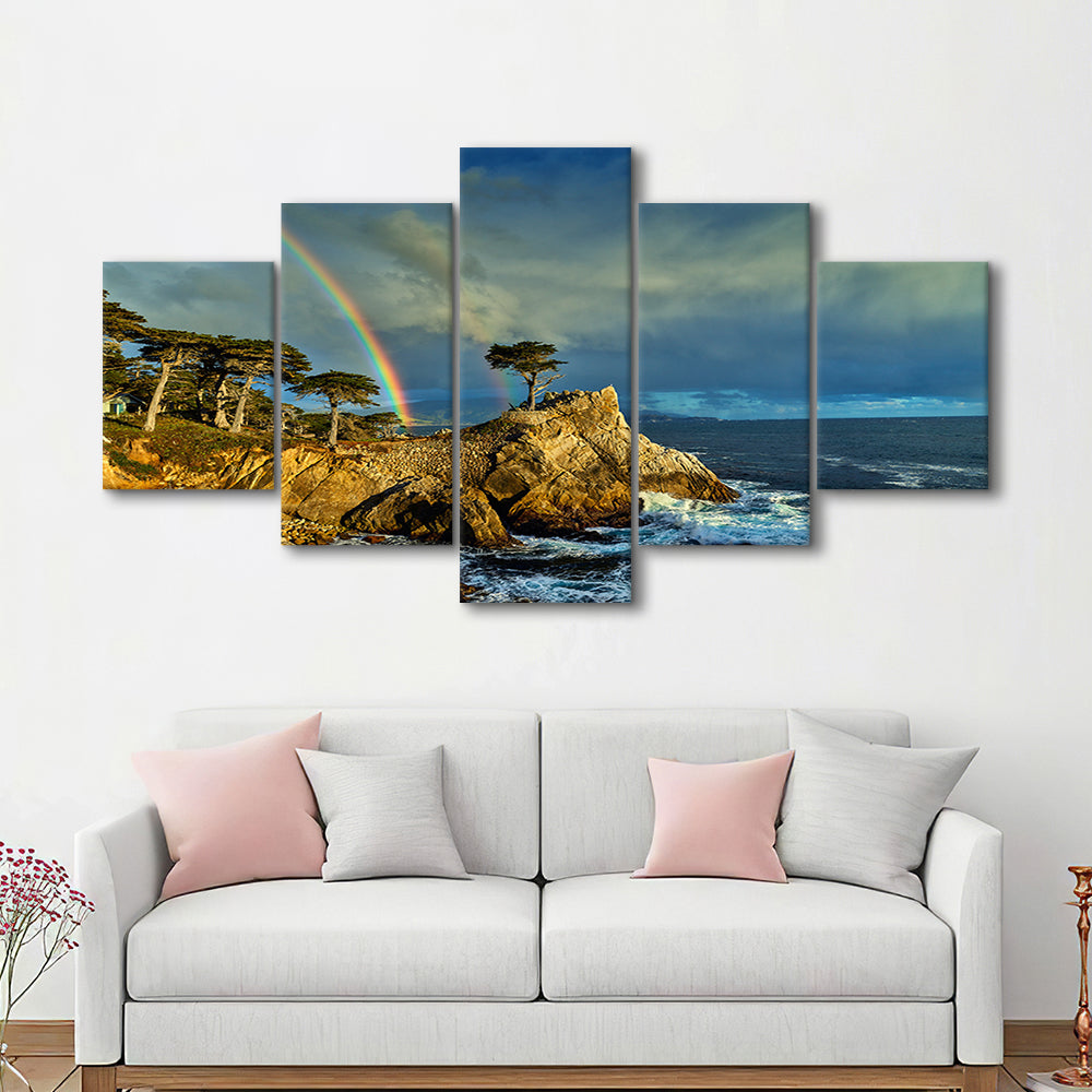 Pebble Beach Golf Links Lone Cypress Pot Of Gold, California, Golf Art Print, 5 Pieces Mixed Canvas Print Wall Art