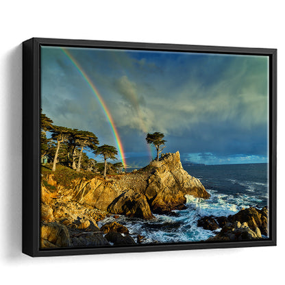Pebble Beach Golf Links Lone Cypress Pot Of Gold, California, Floating Framed Canvas Print Wall Art