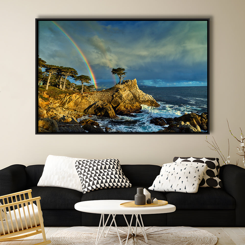 Pebble Beach Golf Links Lone Cypress Pot Of Gold, California, Floating Framed Canvas Print Wall Art