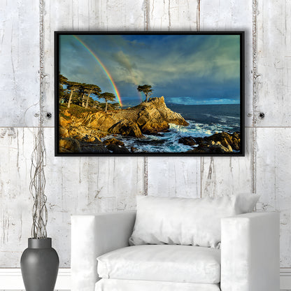 Pebble Beach Golf Links Lone Cypress Pot Of Gold, California, Floating Framed Canvas Print Wall Art