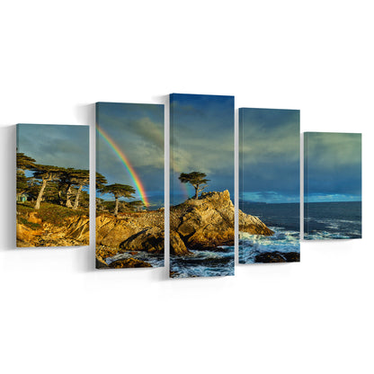 Pebble Beach Golf Links Lone Cypress Pot Of Gold, California, Golf Art Print, 5 Pieces Mixed Canvas Print Wall Art