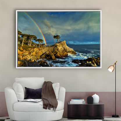 Pebble Beach Golf Links Lone Cypress Pot Of Gold, California, Floating Framed Canvas Print Wall Art