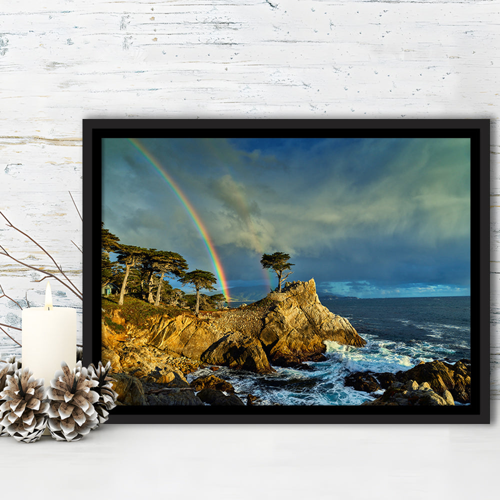 Pebble Beach Golf Links Lone Cypress Pot Of Gold, California, Floating Framed Canvas Print Wall Art