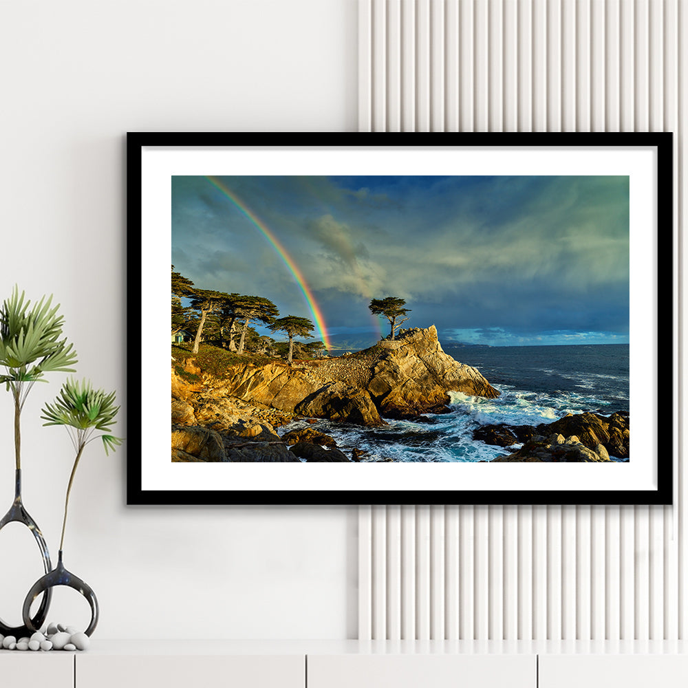 Pebble Beach Golf Links Lone Cypress Pot Of Gold, California, Goft Art Print, Framed Art Print White Border Wall Decor