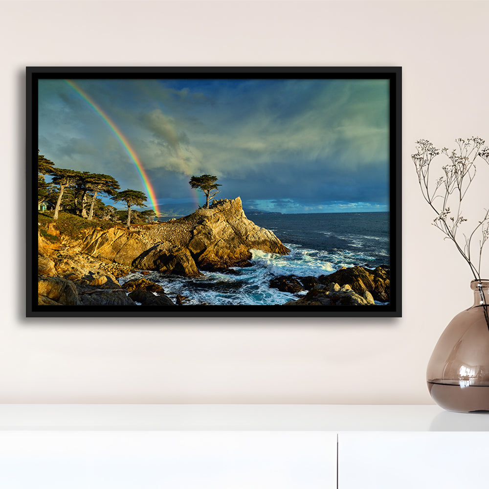 Pebble Beach Golf Links Lone Cypress Pot Of Gold, California, Floating Framed Canvas Print Wall Art