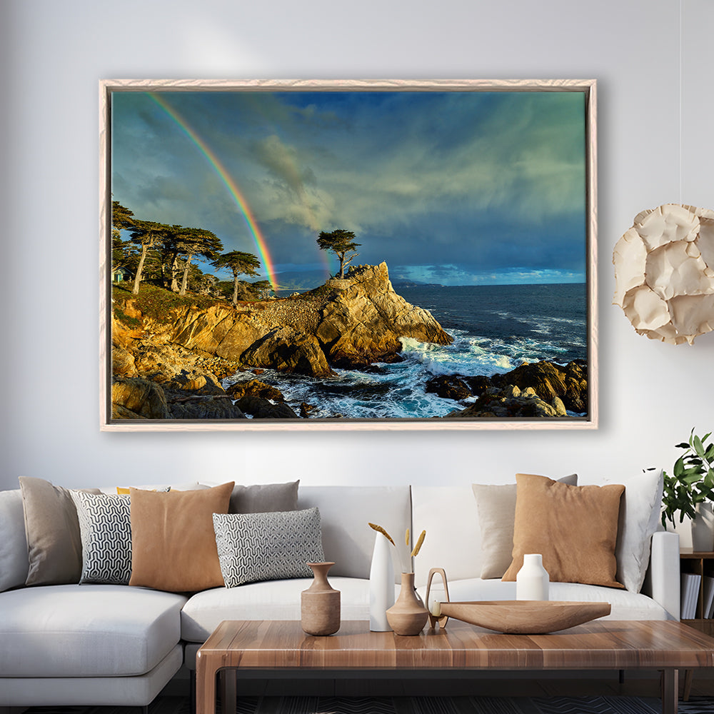 Pebble Beach Golf Links Lone Cypress Pot Of Gold, California, Floating Framed Canvas Print Wall Art