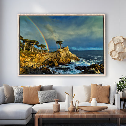 Pebble Beach Golf Links Lone Cypress Pot Of Gold, California, Floating Framed Canvas Print Wall Art