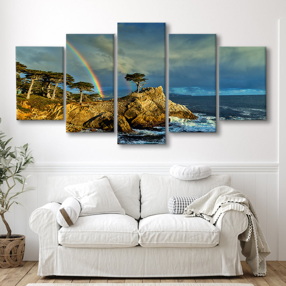 Pebble Beach Golf Links Lone Cypress Pot Of Gold, California, Golf Art Print, 5 Pieces Mixed Canvas Print Wall Art