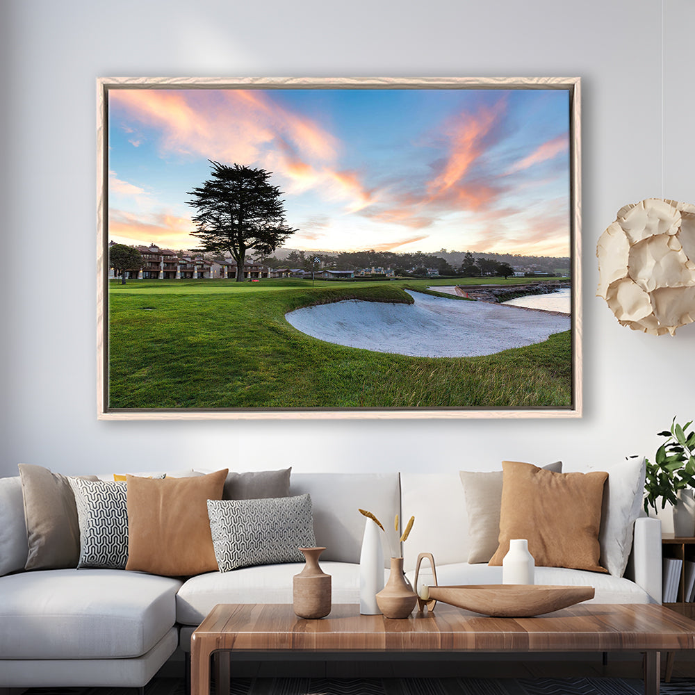 Pebble Beach Golf Resort, Hole 18 Fine Art, Floating Framed Canvas Print Wall Art
