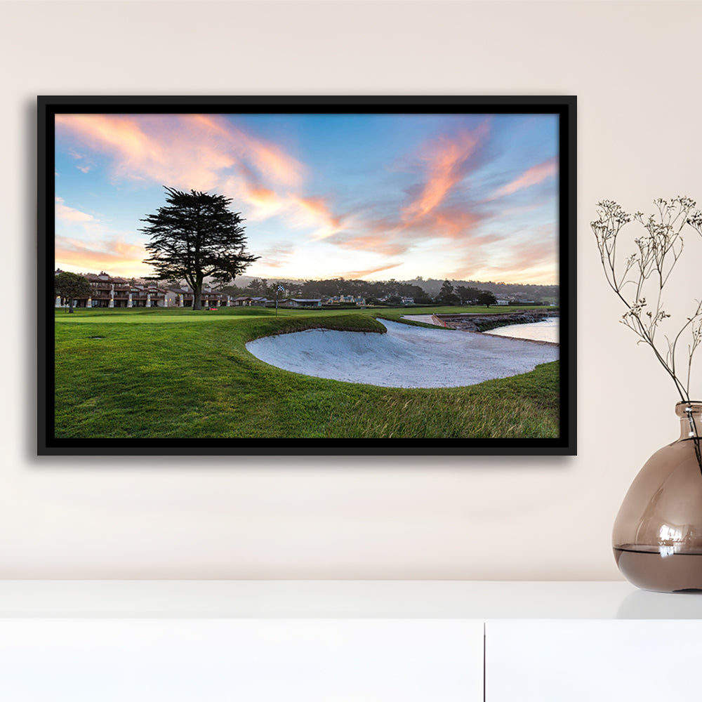 Pebble Beach Golf Resort, Hole 18 Fine Art, Floating Framed Canvas Print Wall Art