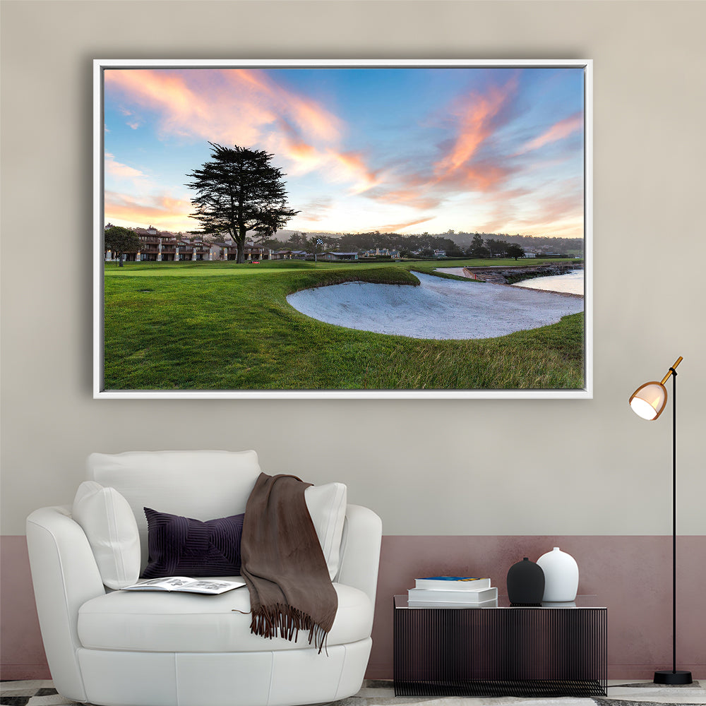 Pebble Beach Golf Resort, Hole 18 Fine Art, Floating Framed Canvas Print Wall Art