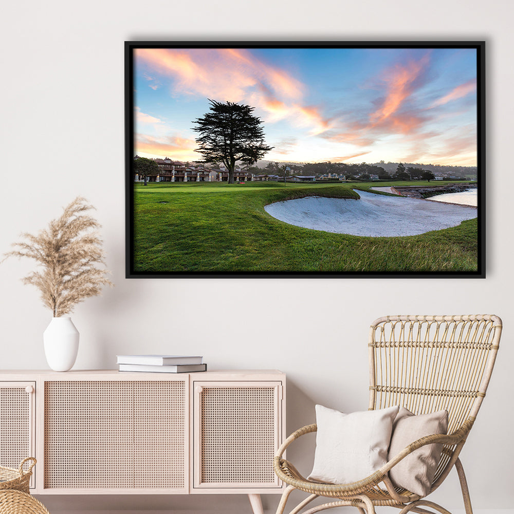 Pebble Beach Golf Resort, Hole 18 Fine Art, Floating Framed Canvas Print Wall Art