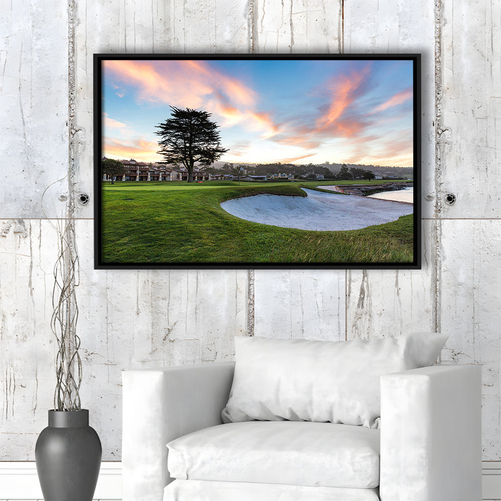 Pebble Beach Golf Resort, Hole 18 Fine Art, Floating Framed Canvas Print Wall Art