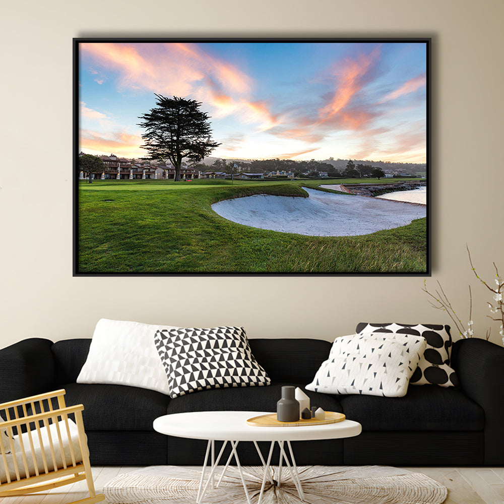 Pebble Beach Golf Resort, Hole 18 Fine Art, Floating Framed Canvas Print Wall Art