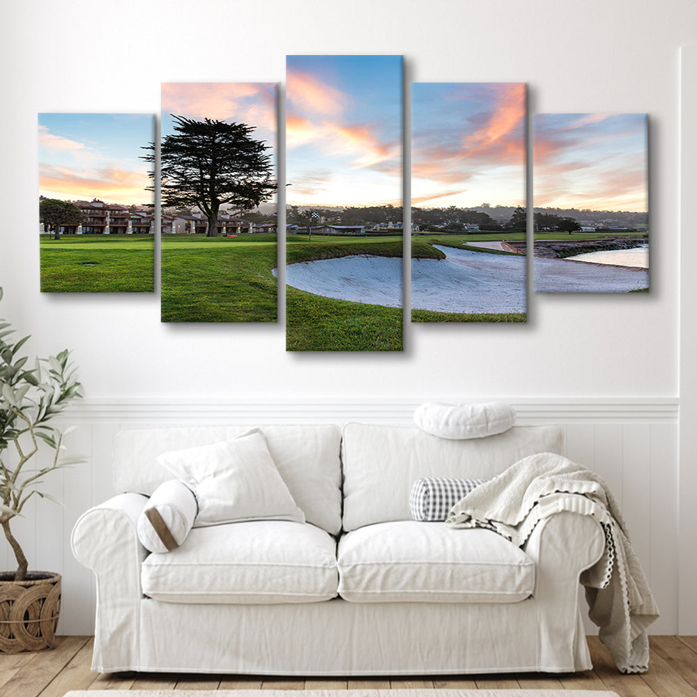 Pebble Beach Golf Resort, Hole 18 Fine Art, Golf Art Print, 5 Pieces Mixed Canvas Print Wall Art