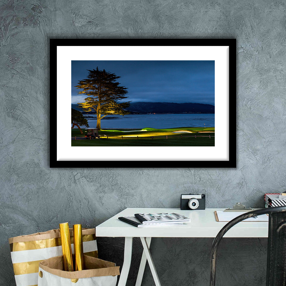 Pebble Beach Golf Resort, Hole 18 At Night Fine Art, Goft Art Print, Framed Art Print White Border Wall Decor