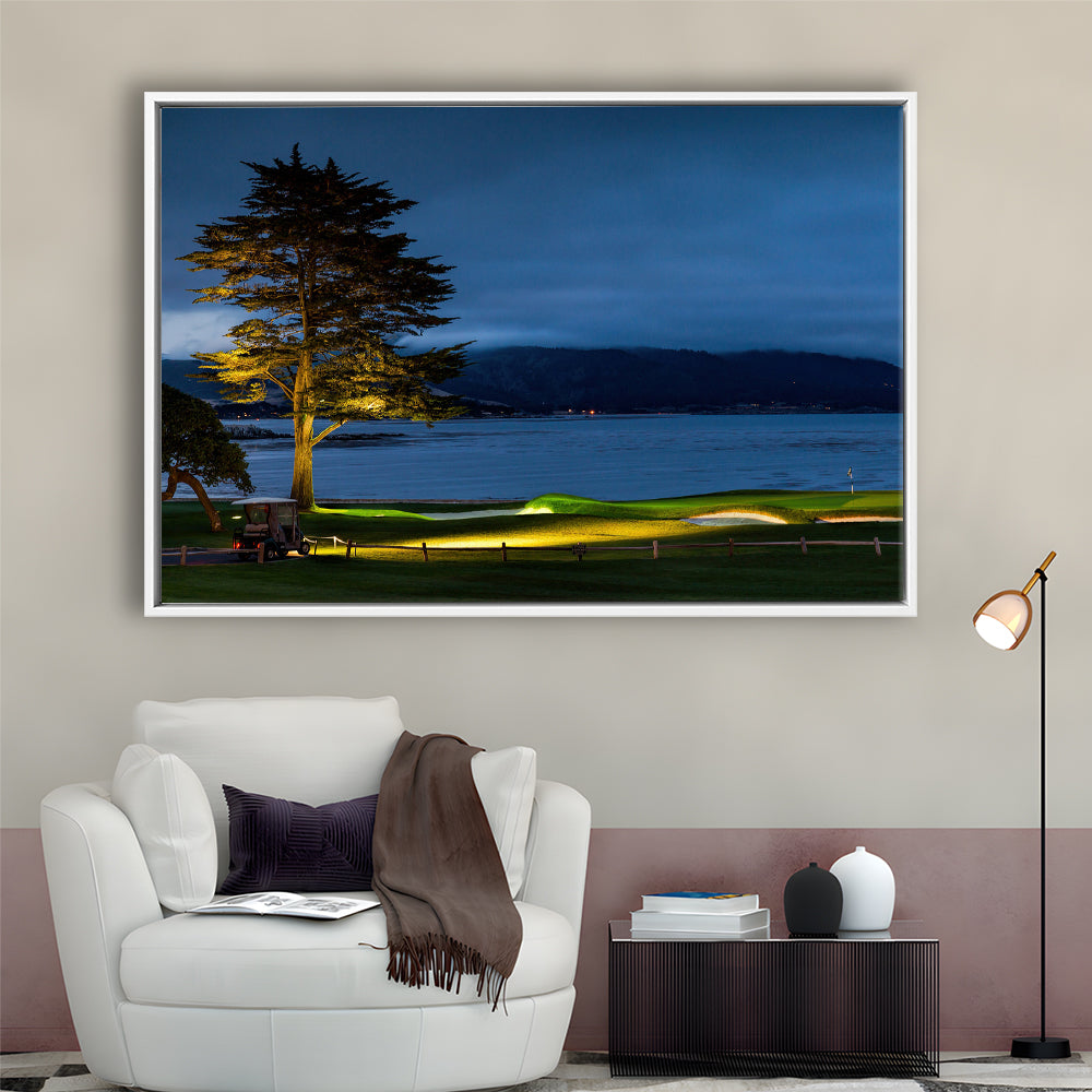 Pebble Beach Golf Resort, Hole 18 At Night Fine Art, Floating Framed Canvas Print Wall Art