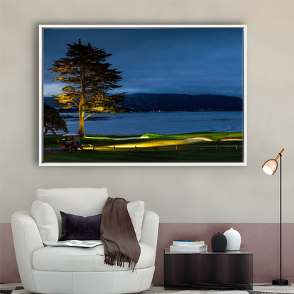 Pebble Beach Golf Resort, Hole 18 At Night Fine Art, Floating Framed Canvas Print Wall Art