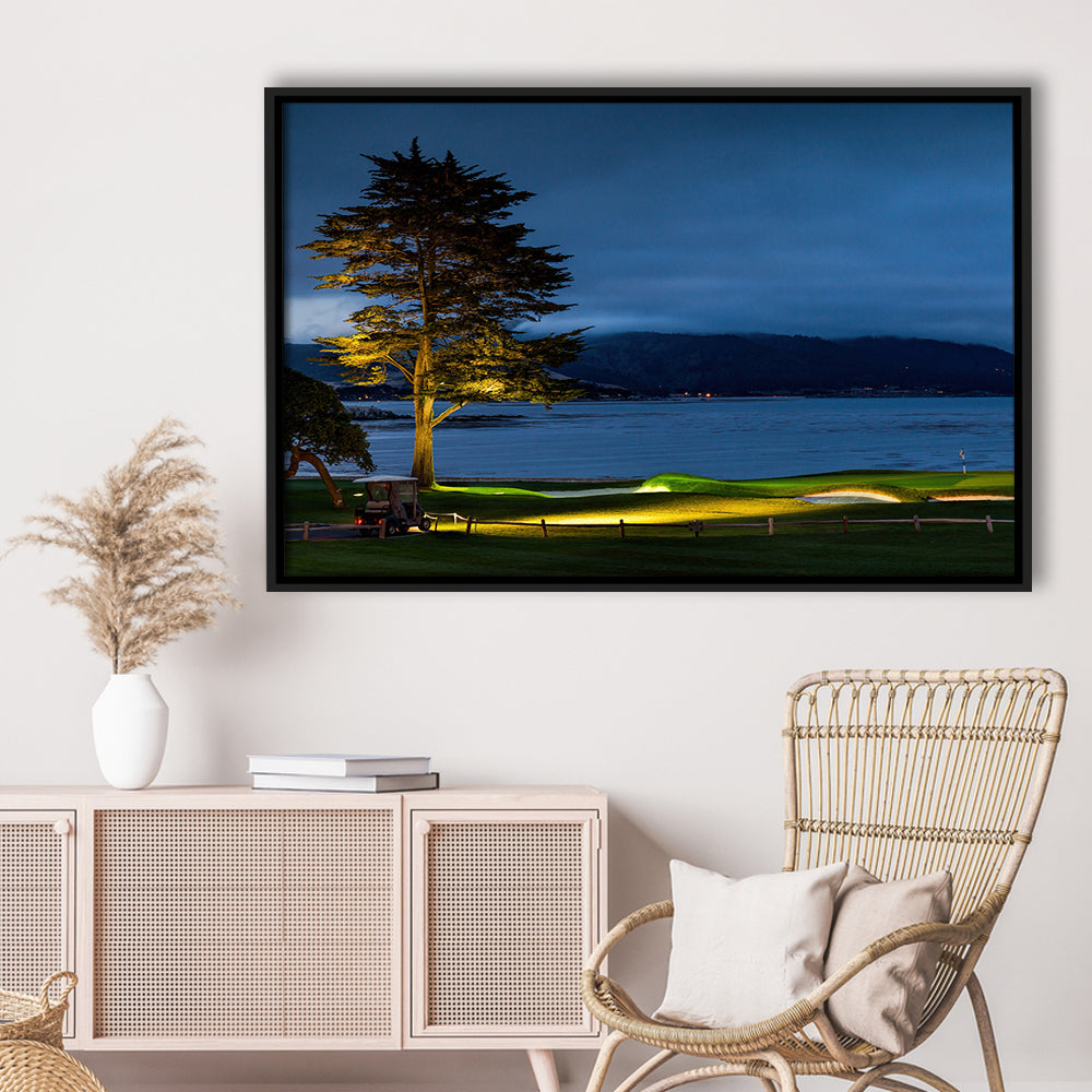 Pebble Beach Golf Resort, Hole 18 At Night Fine Art, Floating Framed Canvas Print Wall Art