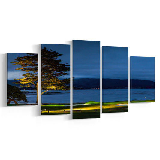 Pebble Beach Golf Resort, Hole 18 At Night Fine Art, Golf Art Print, 5 Pieces Mixed Canvas Print Wall Art