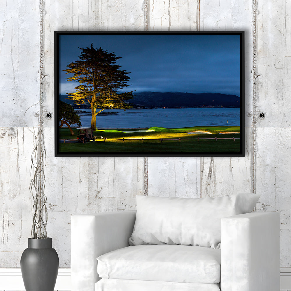 Pebble Beach Golf Resort, Hole 18 At Night Fine Art, Floating Framed Canvas Print Wall Art