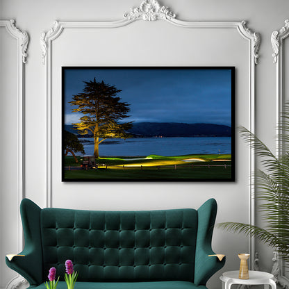 Pebble Beach Golf Resort, Hole 18 At Night Fine Art, Framed Art Print Wall Decor, Picture Framed