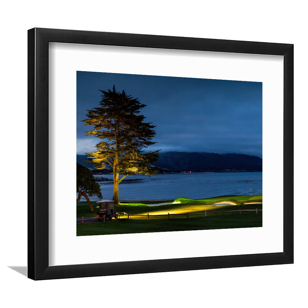 Pebble Beach Golf Resort, Hole 18 At Night Fine Art, Goft Art Print, Framed Art Print White Border Wall Decor