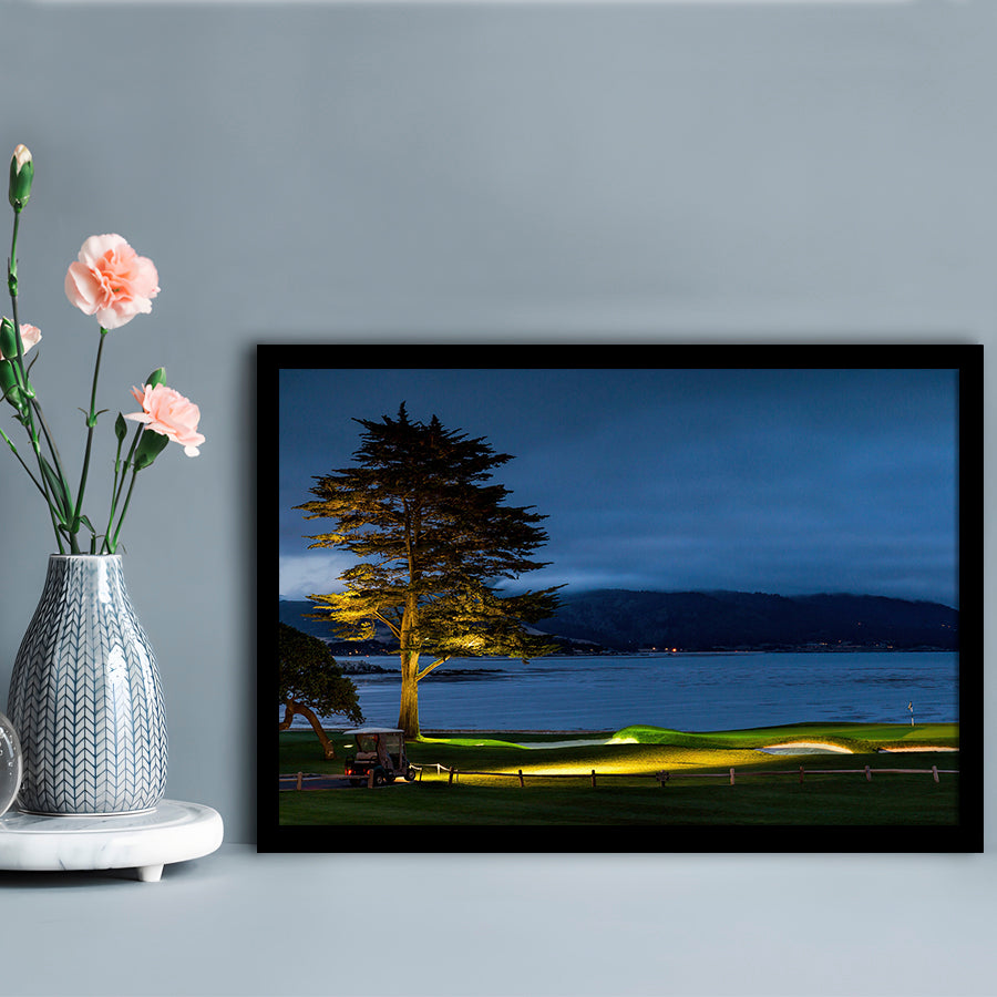 Pebble Beach Golf Resort, Hole 18 At Night Fine Art, Framed Art Print Wall Decor, Picture Framed