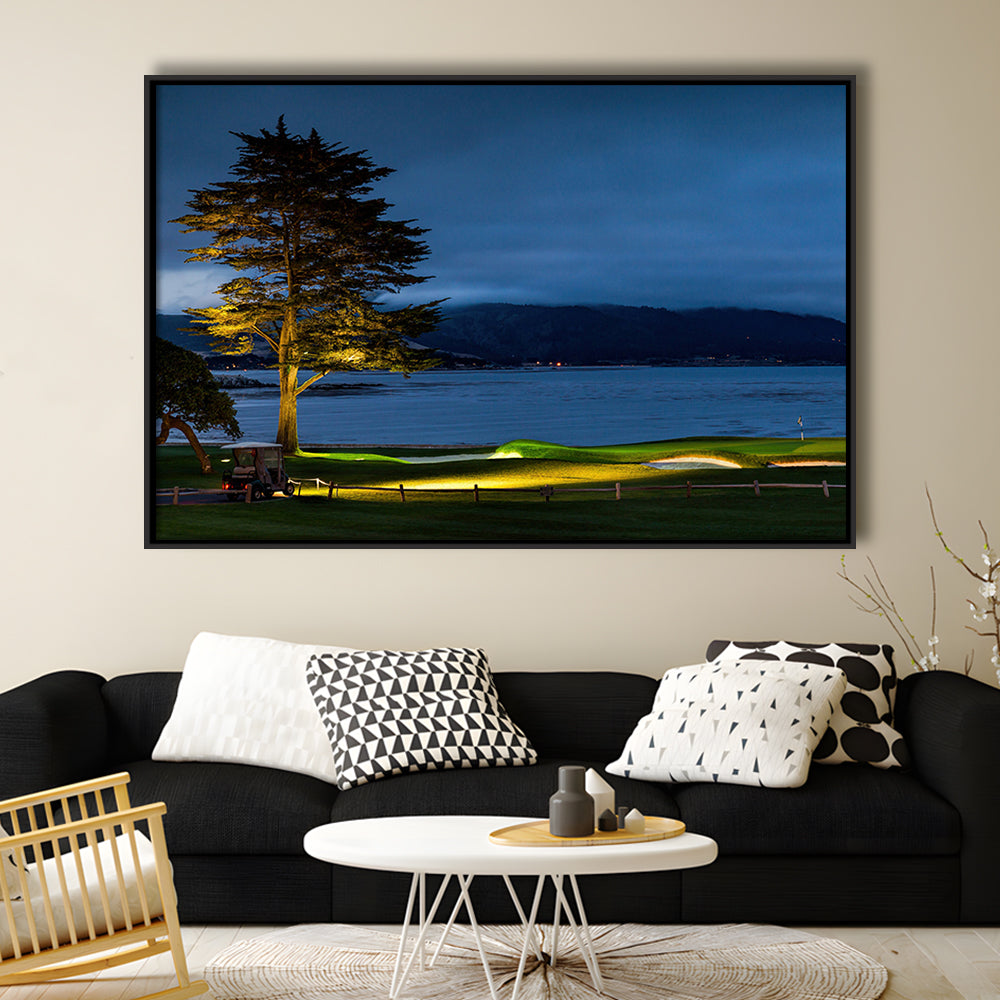 Pebble Beach Golf Resort, Hole 18 At Night Fine Art, Floating Framed Canvas Print Wall Art