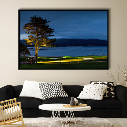Pebble Beach Golf Resort, Hole 18 At Night Fine Art, Floating Framed Canvas Print Wall Art