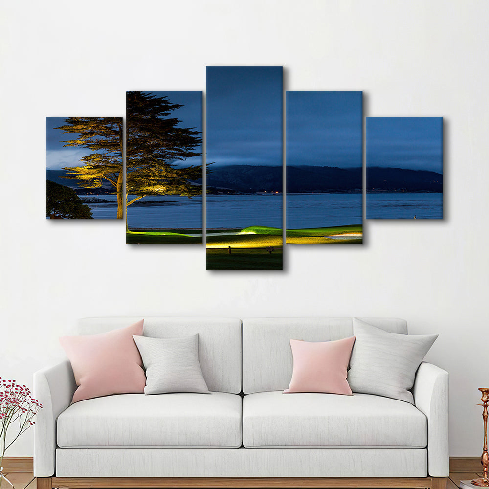 Pebble Beach Golf Resort, Hole 18 At Night Fine Art, Golf Art Print, 5 Pieces Mixed Canvas Print Wall Art