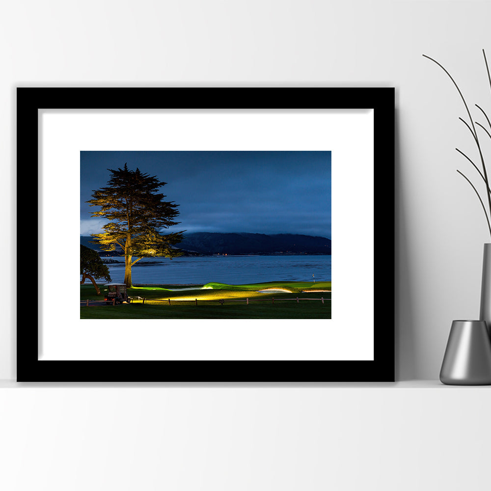 Pebble Beach Golf Resort, Hole 18 At Night Fine Art, Goft Art Print, Framed Art Print White Border Wall Decor