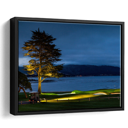 Pebble Beach Golf Resort, Hole 18 At Night Fine Art, Floating Framed Canvas Print Wall Art