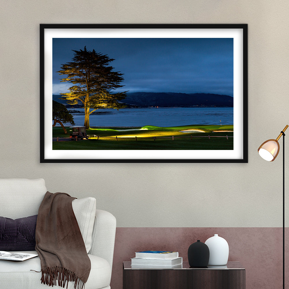 Pebble Beach Golf Resort, Hole 18 At Night Fine Art, Goft Art Print, Framed Art Print White Border Wall Decor