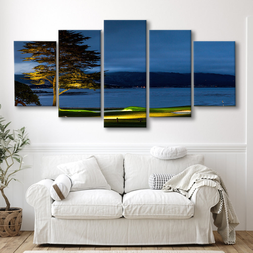 Pebble Beach Golf Resort, Hole 18 At Night Fine Art, Golf Art Print, 5 Pieces Mixed Canvas Print Wall Art