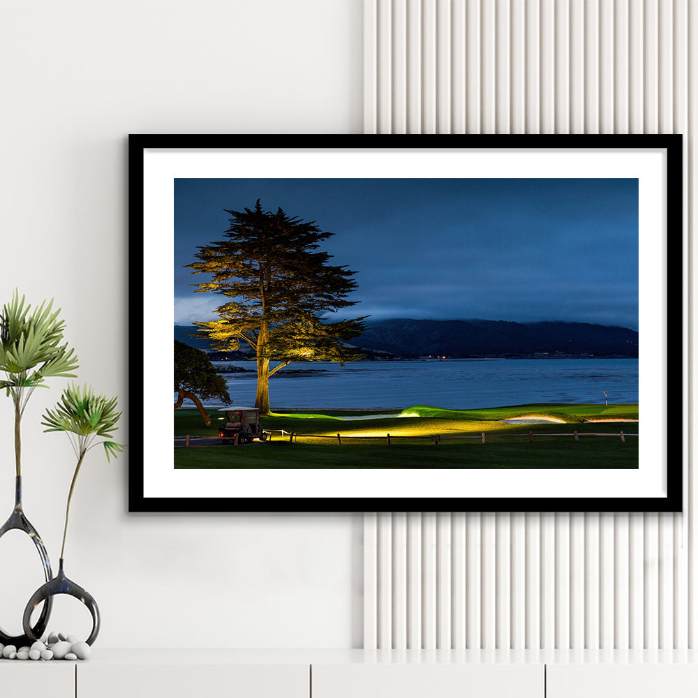 Pebble Beach Golf Resort, Hole 18 At Night Fine Art, Goft Art Print, Framed Art Print White Border Wall Decor